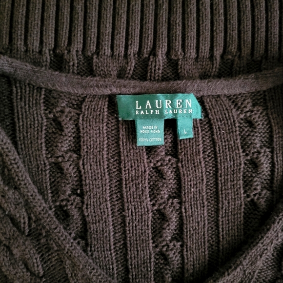 Lauren Ralph Lauren Women's Chunky Cable Knit V-Neck Sweater•Brown•100% Cotton•L - Picture 7 of 8